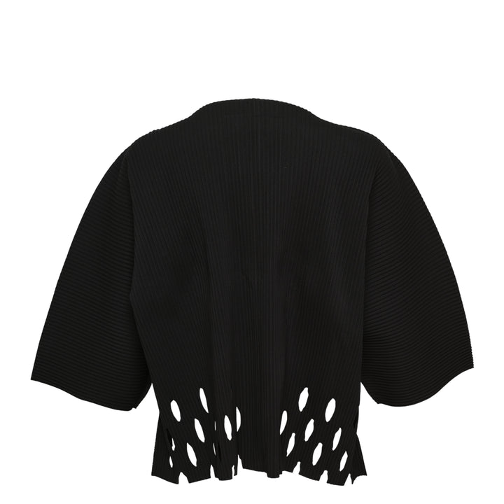 me Issey Miyake Aperture Pleats Cardigan in black with structured horizontal pleating, wide three-quarter sleeves, open front, and fringe-cut hem