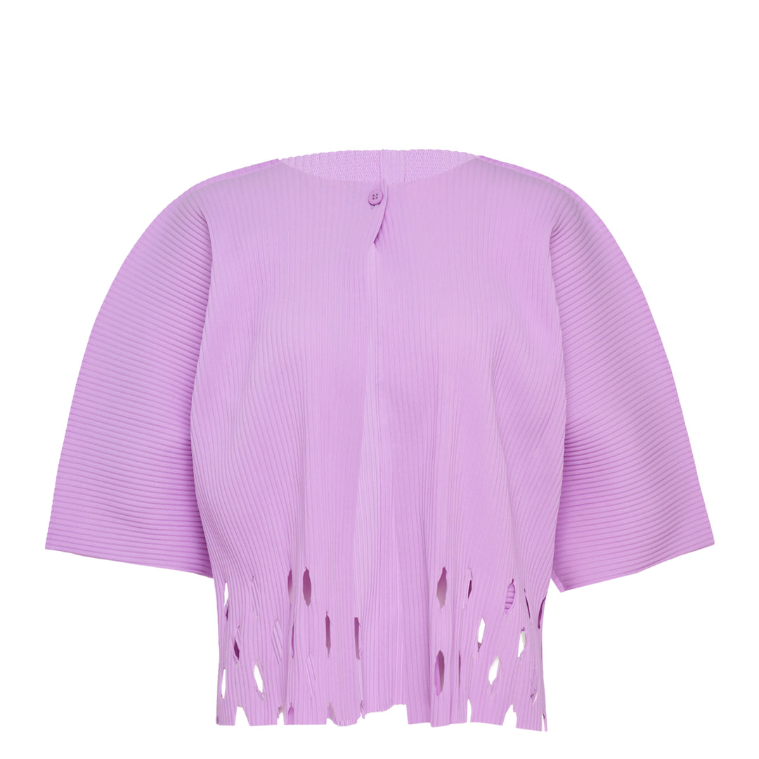 me Issey Miyake Aperture Pleats Cardigan in black with structured horizontal pleating, wide three-quarter sleeves, open front, and fringe-cut hem
