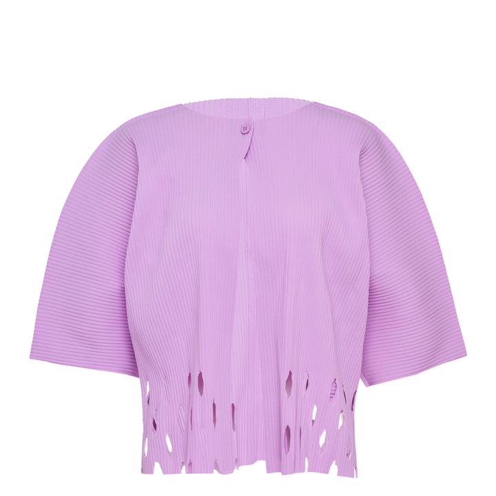 me Issey Miyake Aperture Pleats Cardigan in black with structured horizontal pleating, wide three-quarter sleeves, open front, and fringe-cut hem