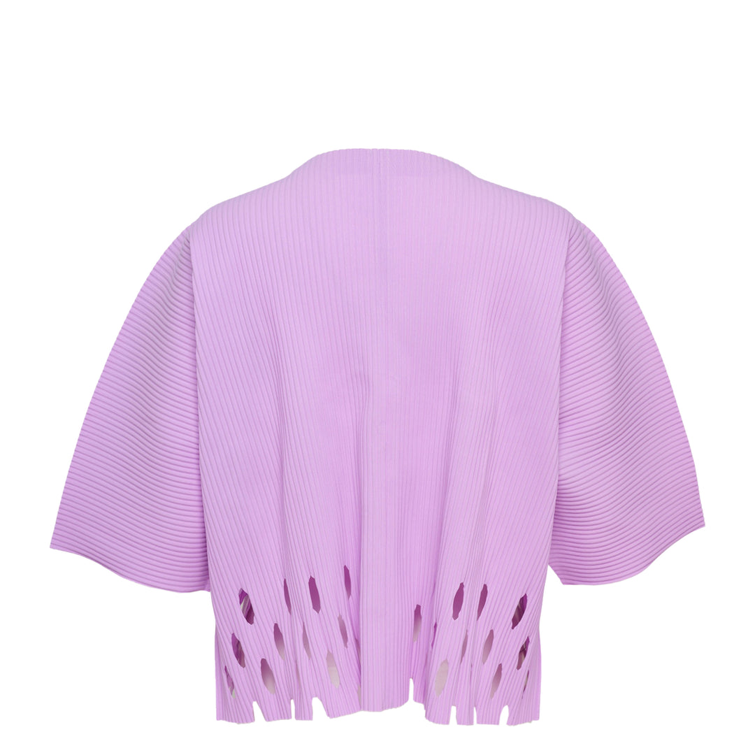 me Issey Miyake Aperture Pleats Cardigan in black with structured horizontal pleating, wide three-quarter sleeves, open front, and fringe-cut hem