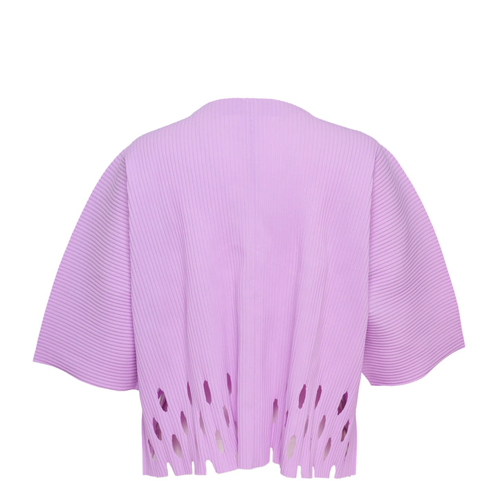 me Issey Miyake Aperture Pleats Cardigan in black with structured horizontal pleating, wide three-quarter sleeves, open front, and fringe-cut hem