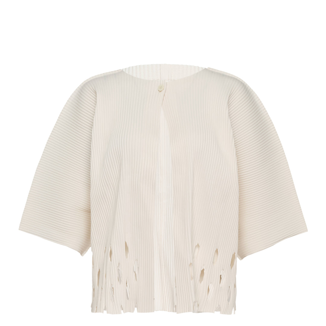 me Issey Miyake Aperture Pleats Cardigan in black with structured horizontal pleating, wide three-quarter sleeves, open front, and fringe-cut hem