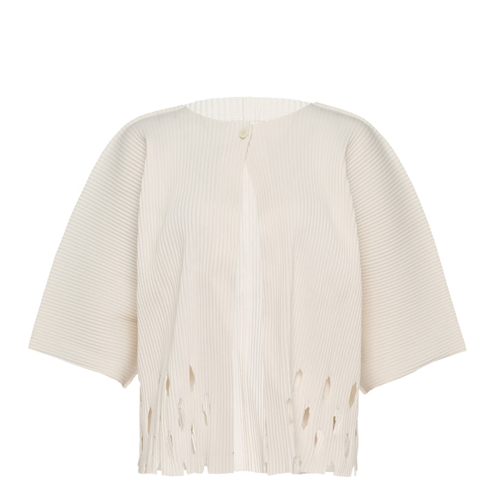 me Issey Miyake Aperture Pleats Cardigan in black with structured horizontal pleating, wide three-quarter sleeves, open front, and fringe-cut hem