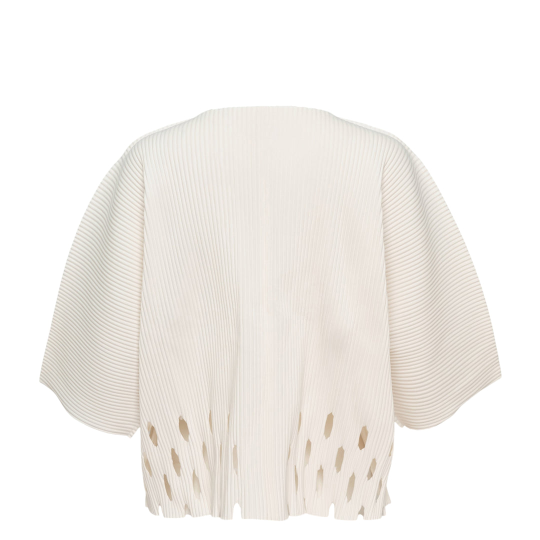 me Issey Miyake Aperture Pleats Cardigan in black with structured horizontal pleating, wide three-quarter sleeves, open front, and fringe-cut hem