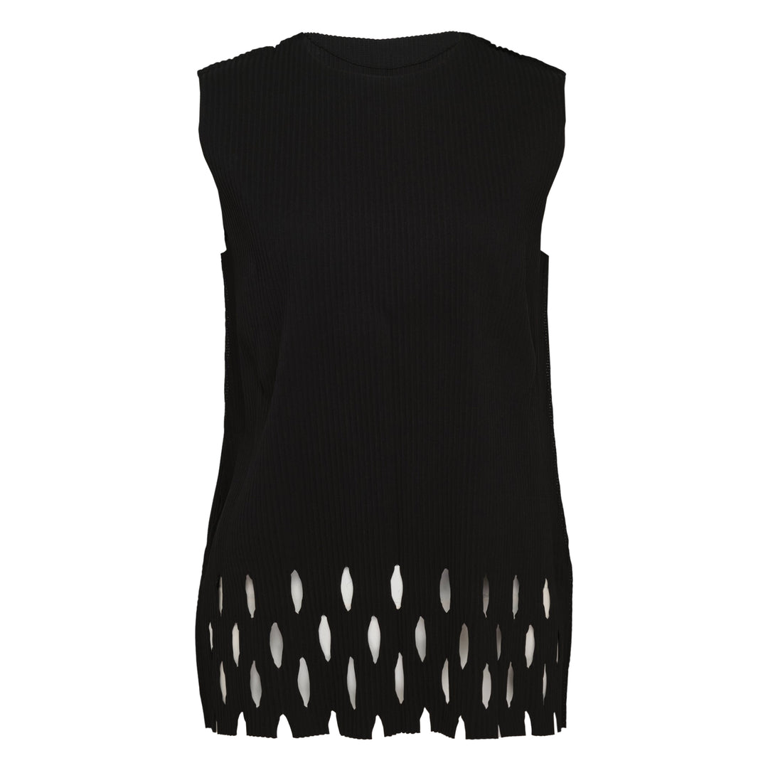 me Issey Miyake Aperture Pleats Tank Top in black, rear view, showing ribbed construction and oval cutout aperture hem with vertical fringe detail
