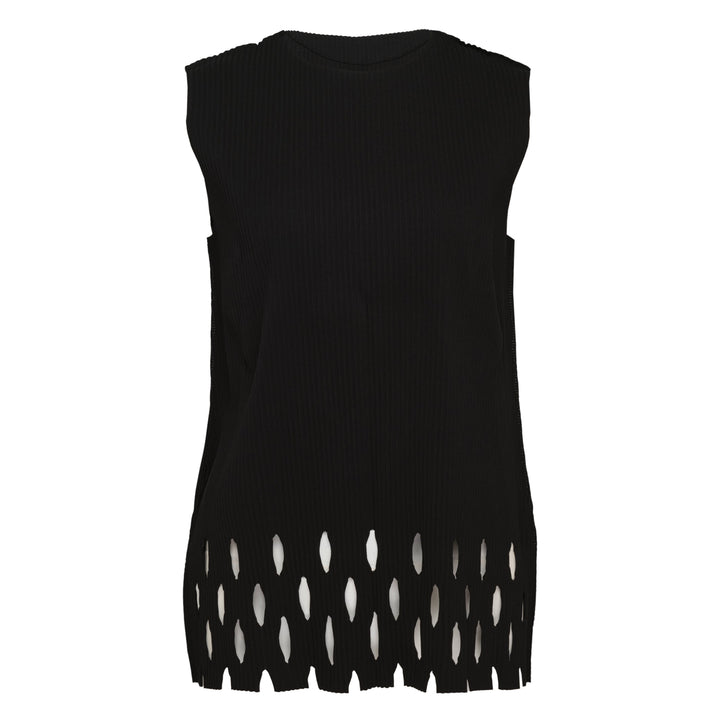me Issey Miyake Aperture Pleats Tank Top in black, rear view, showing ribbed construction and oval cutout aperture hem with vertical fringe detail