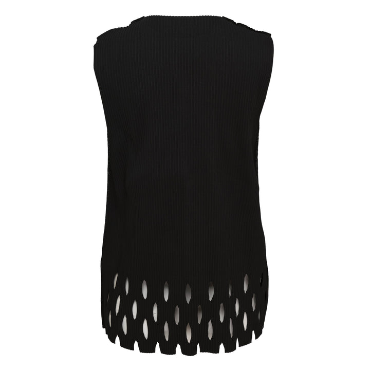 me Issey Miyake Aperture Pleats Tank Top in black, rear view, showing ribbed construction and oval cutout aperture hem with vertical fringe detail