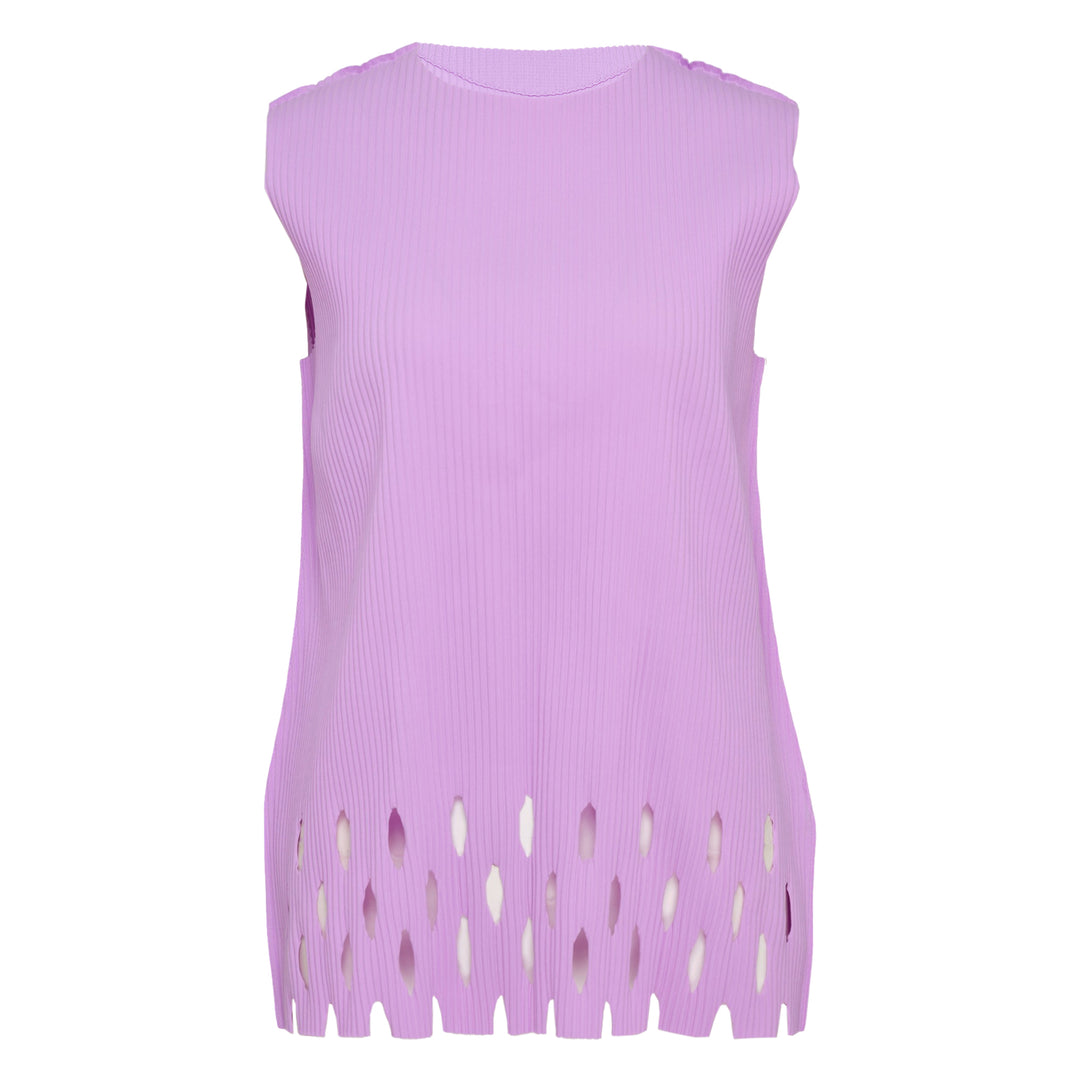 me Issey Miyake Aperture Pleats Tank Top in black, rear view, showing ribbed construction and oval cutout aperture hem with vertical fringe detail