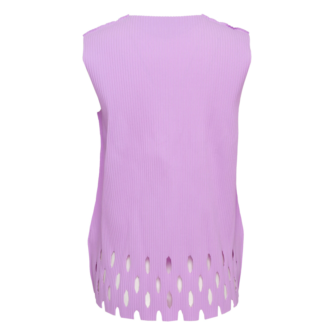 me Issey Miyake Aperture Pleats Tank Top in black, rear view, showing ribbed construction and oval cutout aperture hem with vertical fringe detail