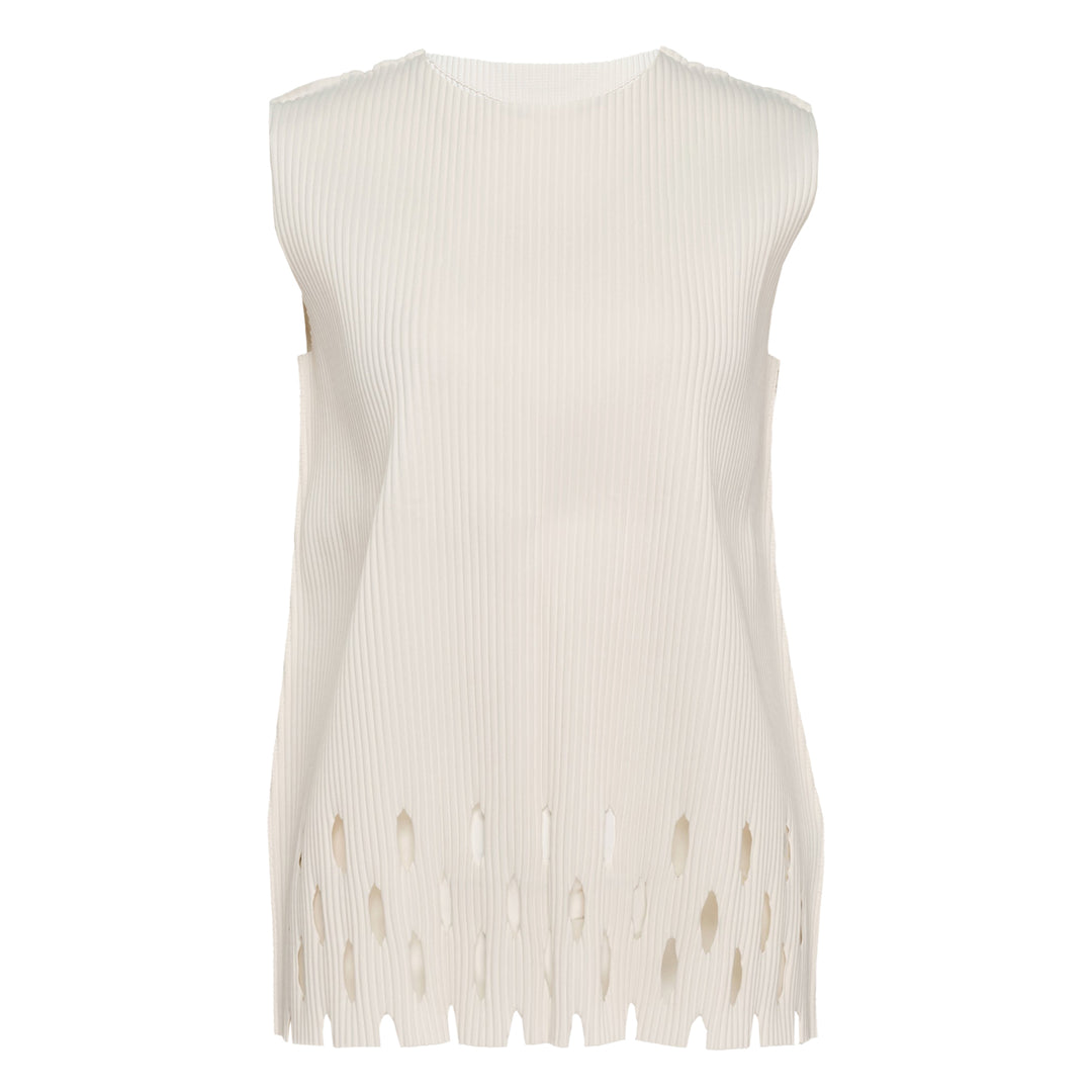 me Issey Miyake Aperture Pleats Tank Top in black, rear view, showing ribbed construction and oval cutout aperture hem with vertical fringe detail