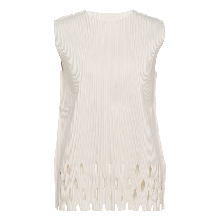me Issey Miyake Aperture Pleats Tank Top in black, rear view, showing ribbed construction and oval cutout aperture hem with vertical fringe detail