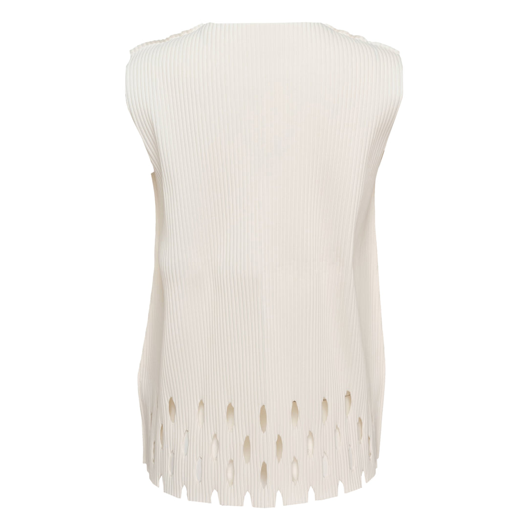 me Issey Miyake Aperture Pleats Tank Top in black, rear view, showing ribbed construction and oval cutout aperture hem with vertical fringe detail