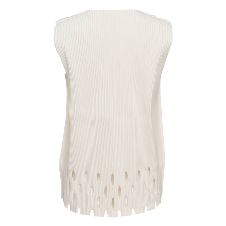 me Issey Miyake Aperture Pleats Tank Top in black, rear view, showing ribbed construction and oval cutout aperture hem with vertical fringe detail