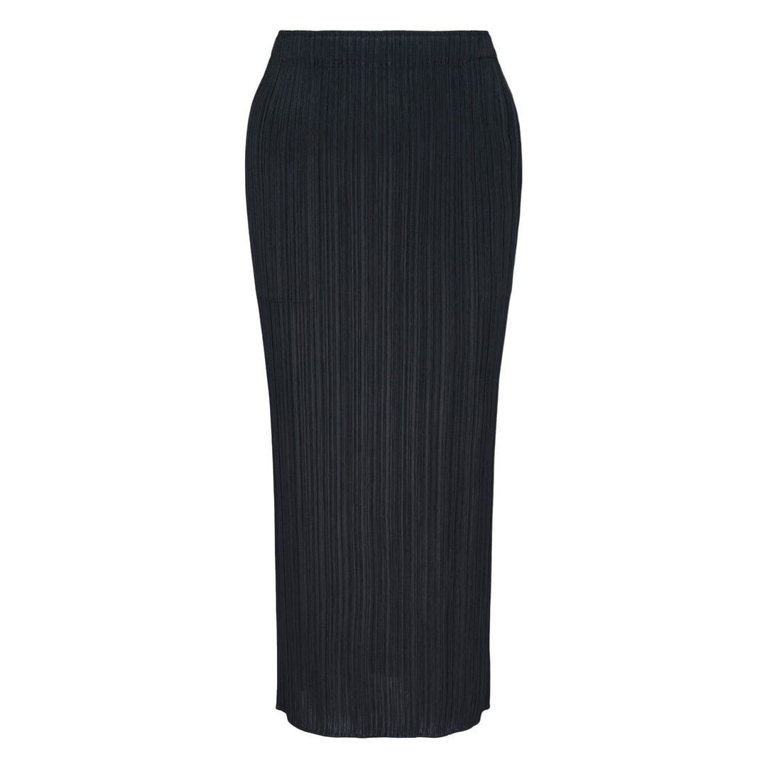 Pleats Please Issey Miyake Basics Pleated Midi Skirt in black with vertical fine pleating and elasticated waistband