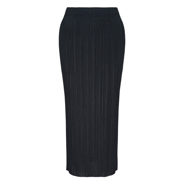 Pleats Please Issey Miyake Basics Pleated Midi Skirt in black with vertical fine pleating and elasticated waistband