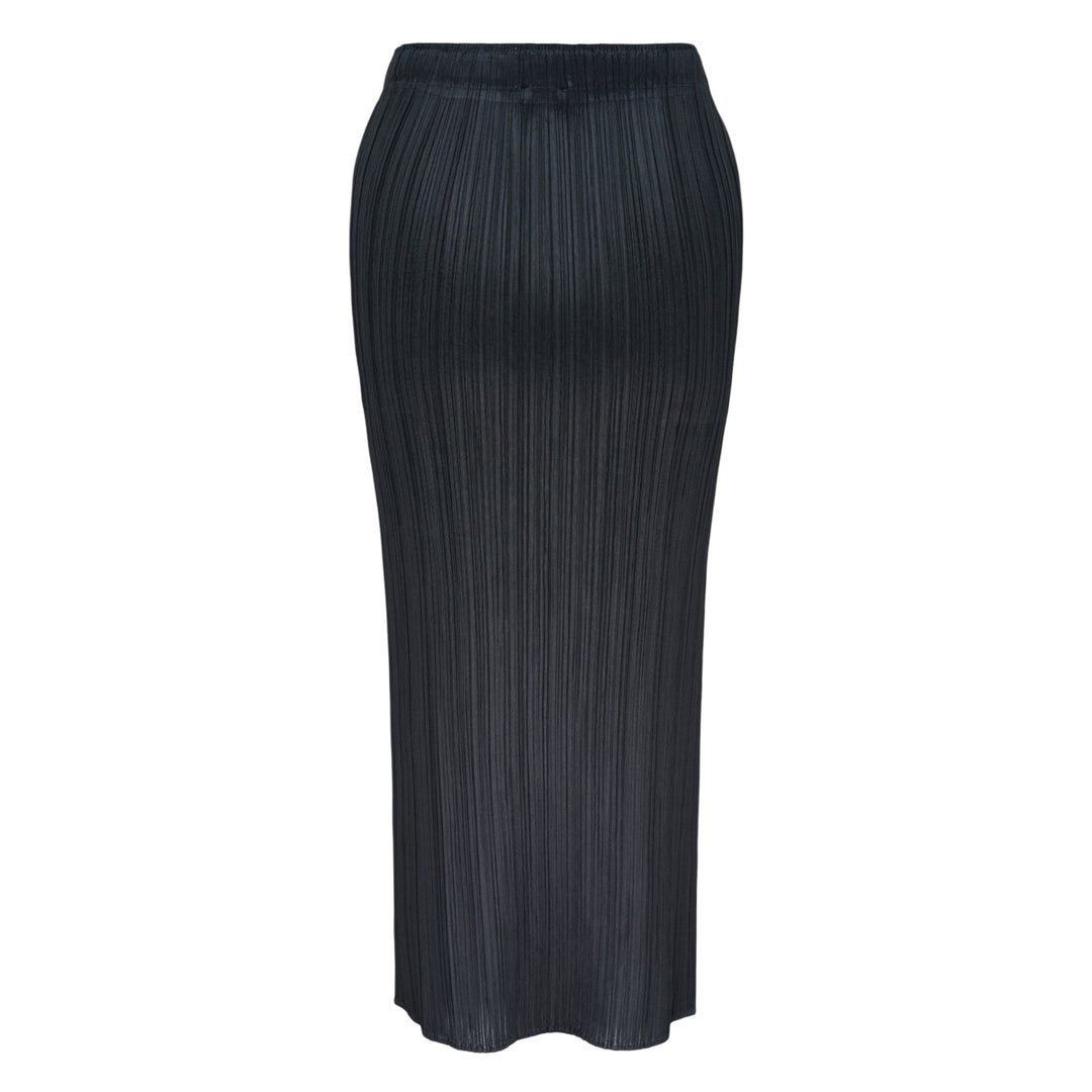 Pleats Please Issey Miyake Basics Pleated Midi Skirt in black with vertical fine pleating and elasticated waistband