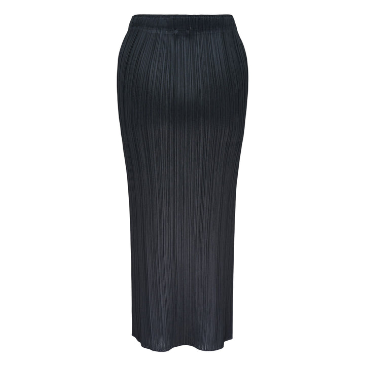 Pleats Please Issey Miyake Basics Pleated Midi Skirt in black with vertical fine pleating and elasticated waistband