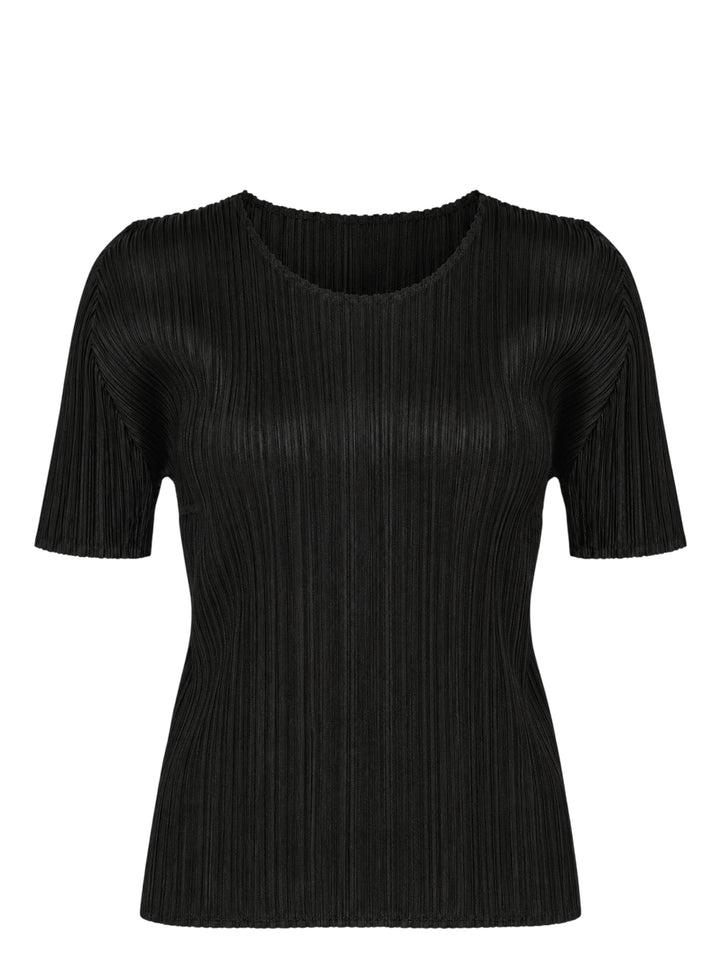 Pleats Please Issey Miyake black short sleeve pleated top with round neckline, front view