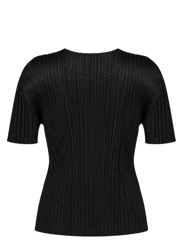 Pleats Please Issey Miyake black short sleeve pleated top with round neckline, front view - view 2