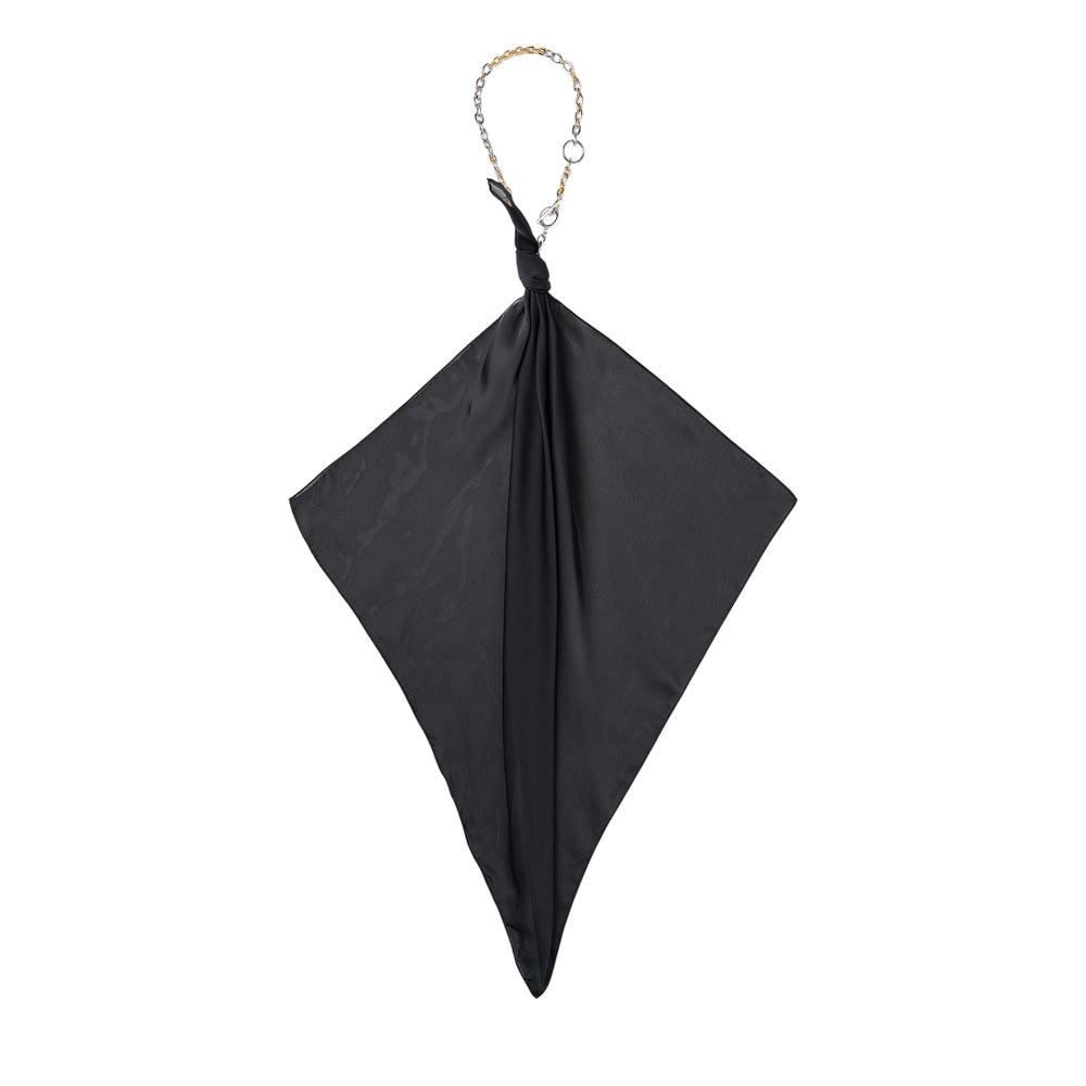 sacai black silk chiffon scarf necklace with two-tone gold and silver chain loop and knotted gather detail, shown against a white background