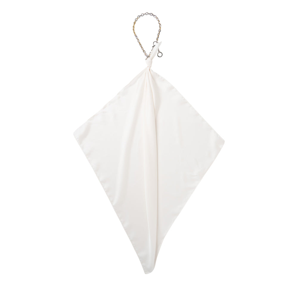 sacai black silk chiffon scarf necklace with two-tone gold and silver chain loop and knotted gather detail, shown against a white background
