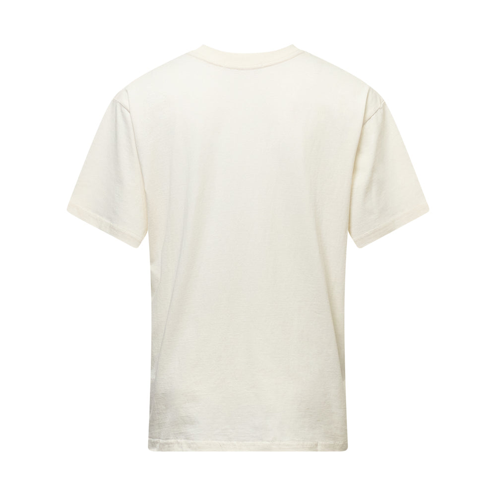 Mardi Mercredi off-white crew neck t-shirt with red daisy flower graphic and Mardi logo print on the front