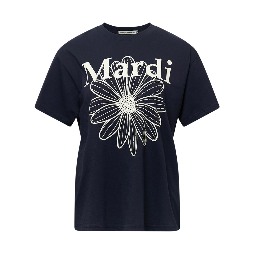 Mardi Mercredi Flower Mardi T-Shirt in navy blue with cream daisy graphic and logo print, crew neck, short sleeves