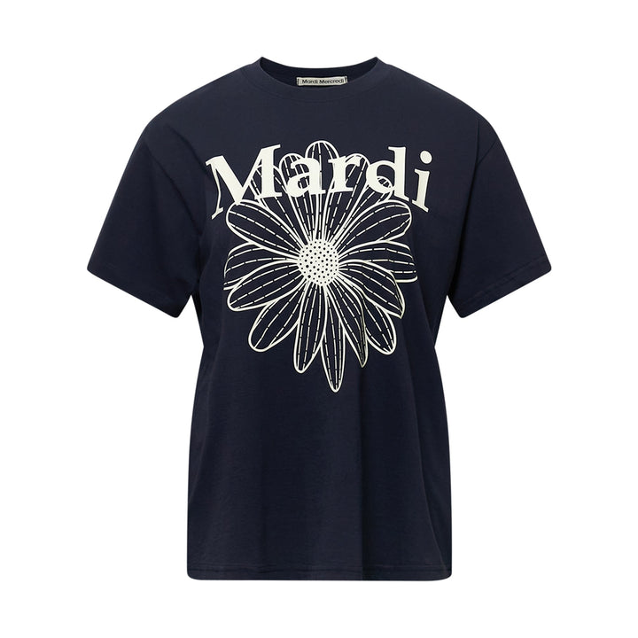 Mardi Mercredi Flower Mardi T-Shirt in navy blue with cream daisy graphic and logo print, crew neck, short sleeves