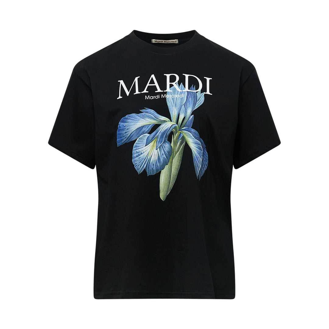 Mardi Mercredi black Iris Floral Graphic Tee with large blue iris botanical illustration and brand logo print on the chest