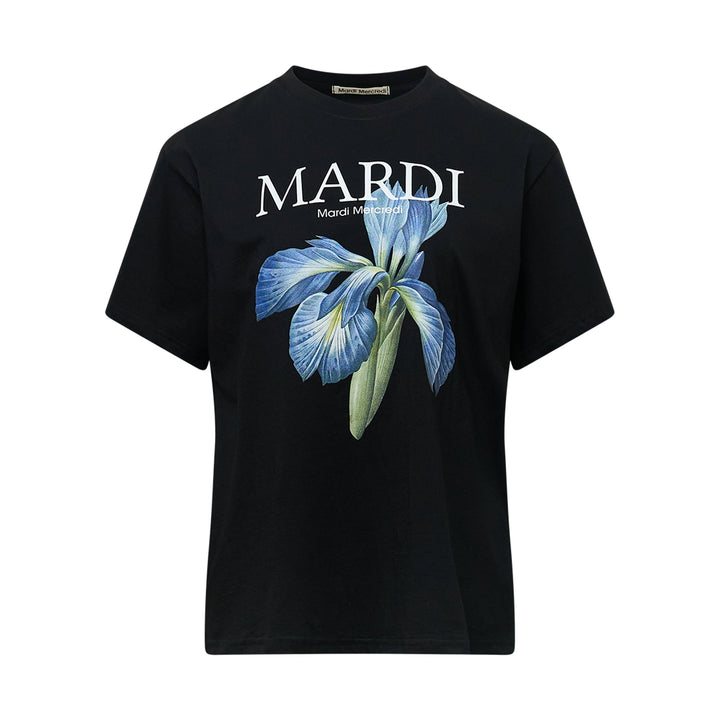 Mardi Mercredi black Iris Floral Graphic Tee with large blue iris botanical illustration and brand logo print on the chest