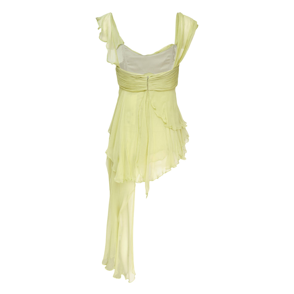 Stolen Stores Fairy Mini Top in lime green semi-sheer chiffon with ruched bust, flutter cap sleeves, and asymmetric cascading tiered ruffle hem - view 2