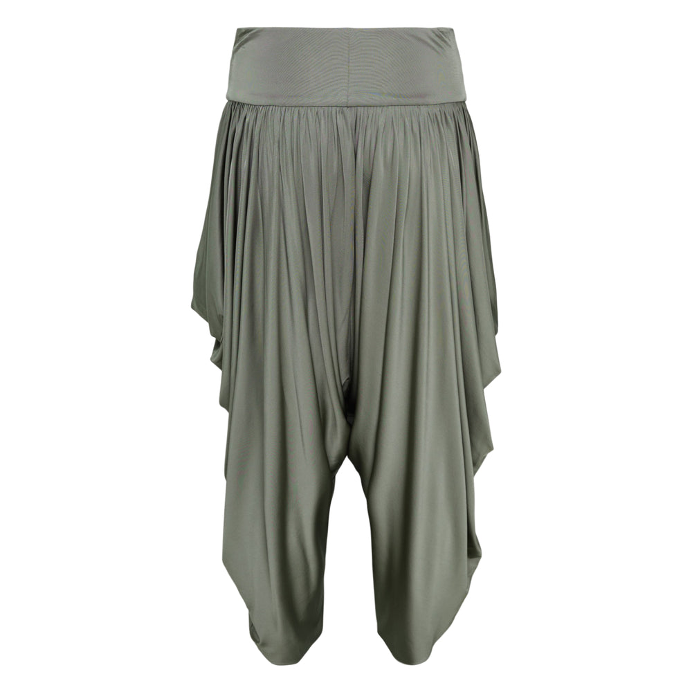 Balmain sage green pleated fluid shiny jersey harem pants with ruched high waistband and draped overlay, back view on white background