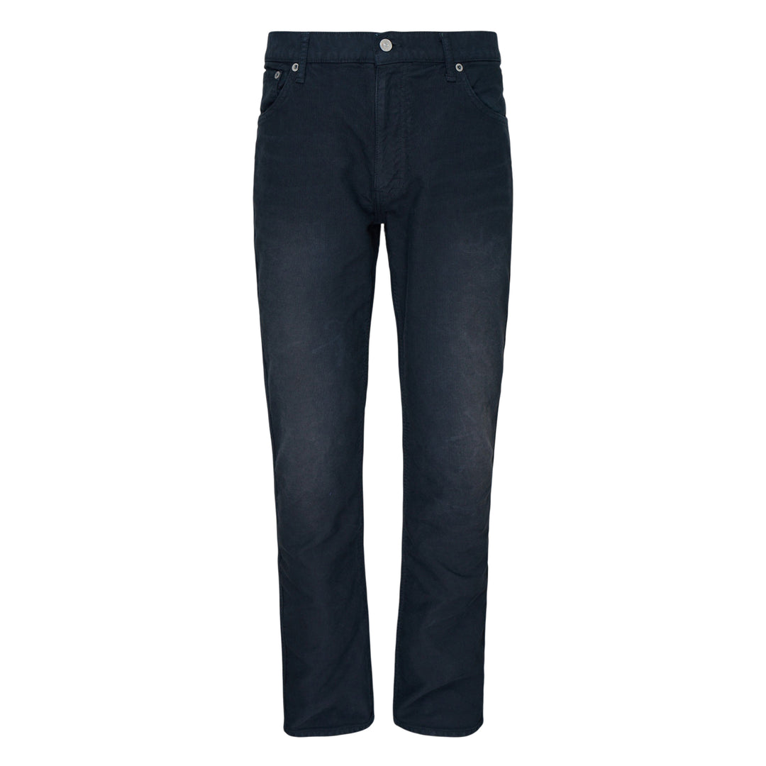 visvim Fluxus 03 G.Cords corduroy pants in deep navy with a relaxed straight fit and silver-tone hardware, front view on white background