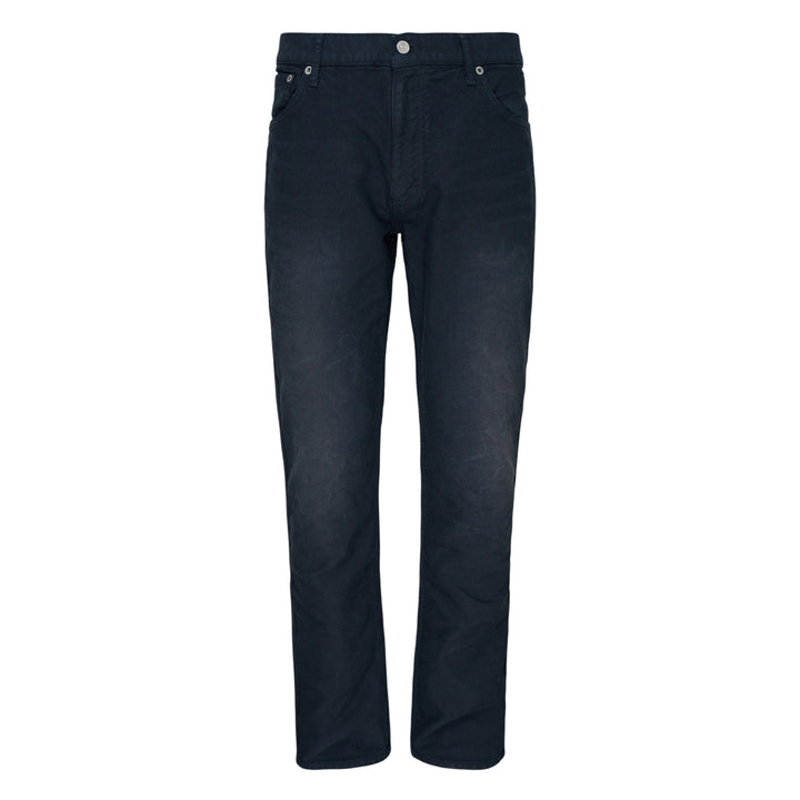 visvim Fluxus 03 G.Cords corduroy pants in deep navy with a relaxed straight fit and silver-tone hardware, front view on white background