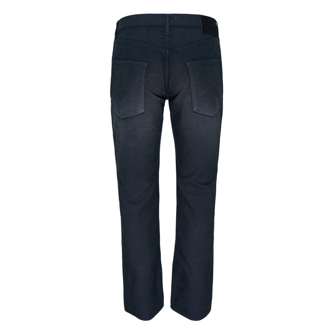 visvim Fluxus 03 G.Cords corduroy pants in deep navy with a relaxed straight fit and silver-tone hardware, front view on white background