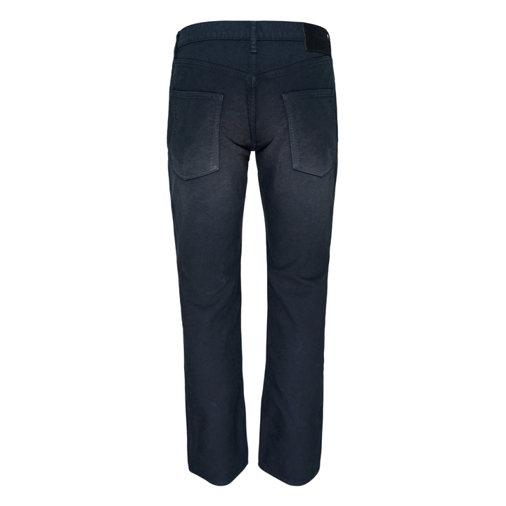 visvim Fluxus 03 G.Cords corduroy pants in deep navy with a relaxed straight fit and silver-tone hardware, front view on white background