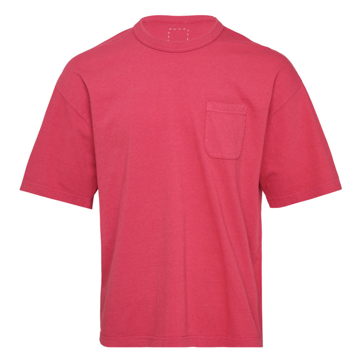 visvim Mondo S/S Damaged Cotton Tee in raspberry pink with mock neck, dropped shoulders, and chest patch pocket