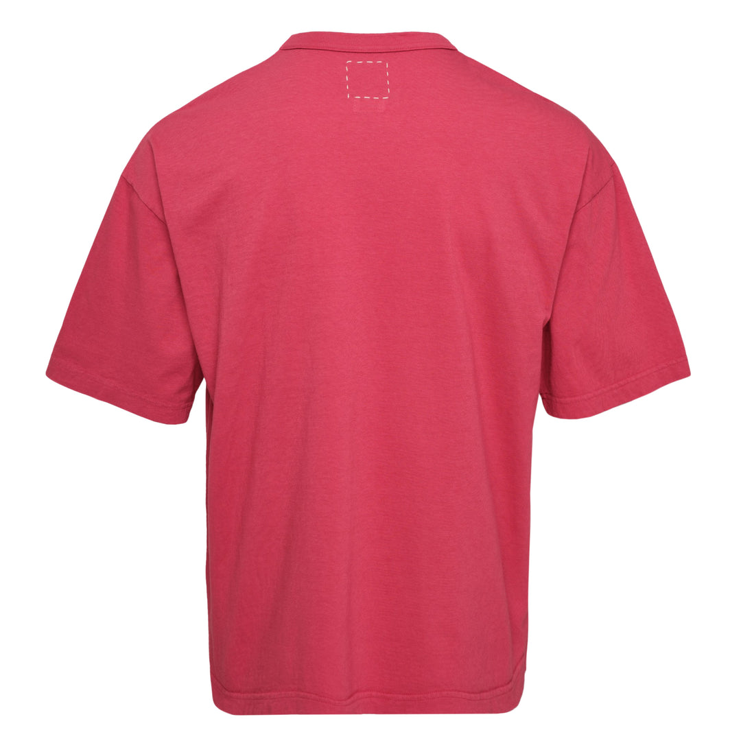 visvim Mondo S/S Damaged Cotton Tee in raspberry pink with mock neck, dropped shoulders, and chest patch pocket