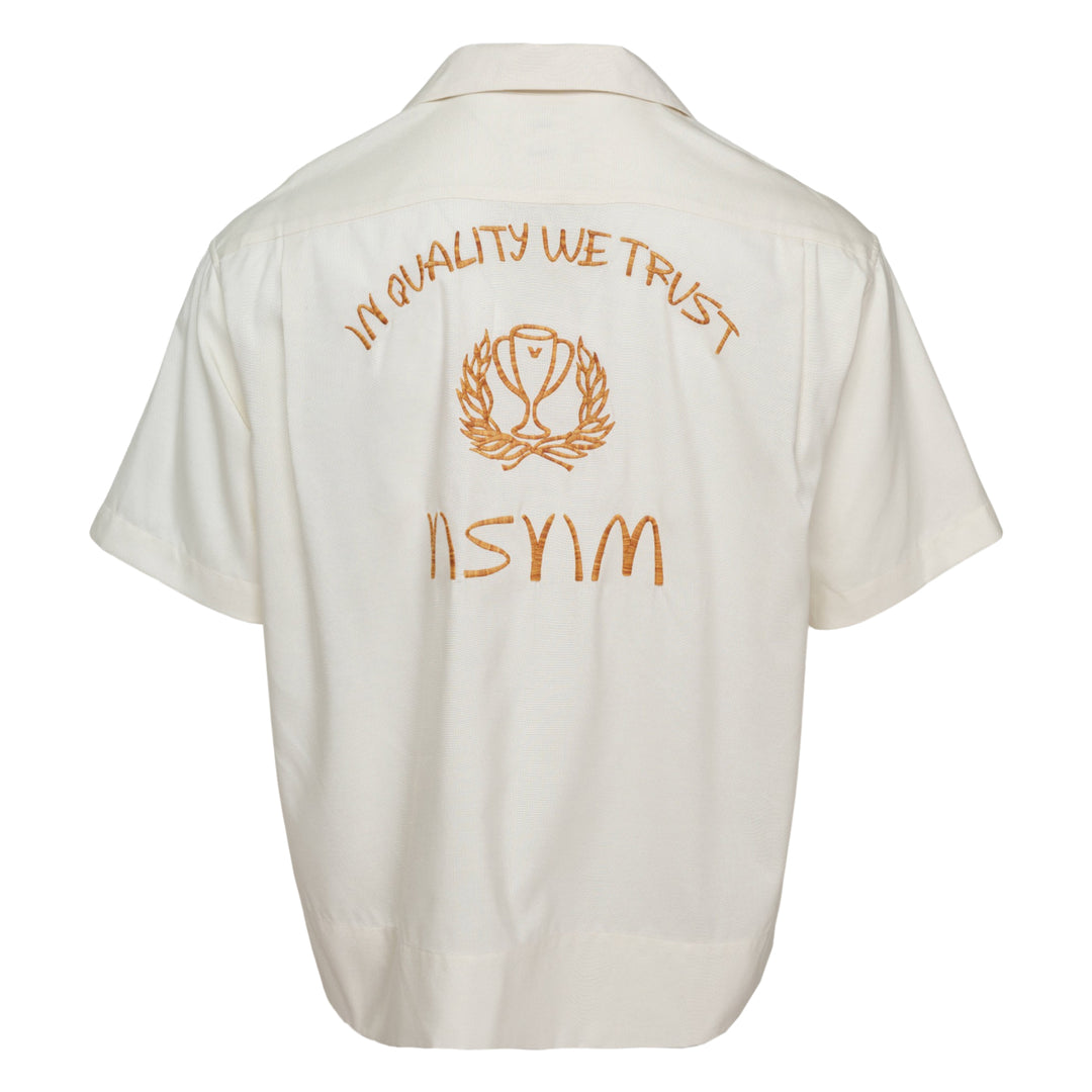 visvim Copa Short Sleeve Silk Shirt in off-white with camp collar, chest pocket, and embroidered script logo