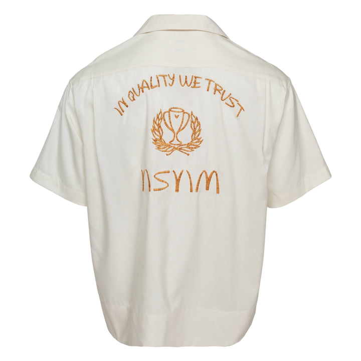visvim Copa Short Sleeve Silk Shirt in off-white with camp collar, chest pocket, and embroidered script logo