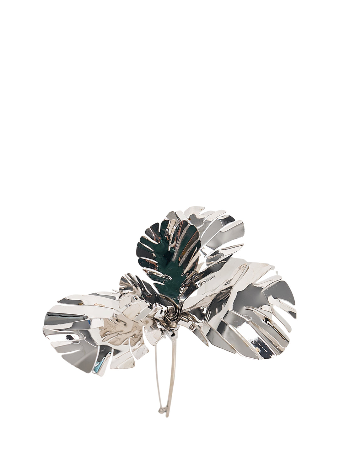 N°21 silver-tone metal brooch shaped as three polished, cut-out tropical leaves with a long pin fastening - view 2