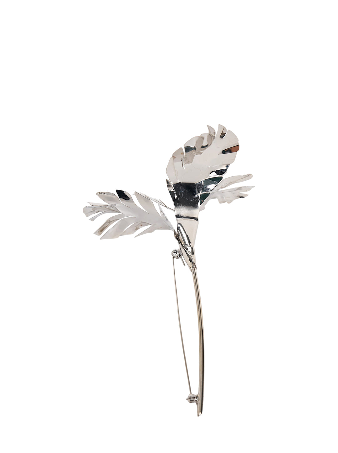 N°21 silver-tone metal brooch shaped as three polished, cut-out tropical leaves with a long pin fastening - view 3