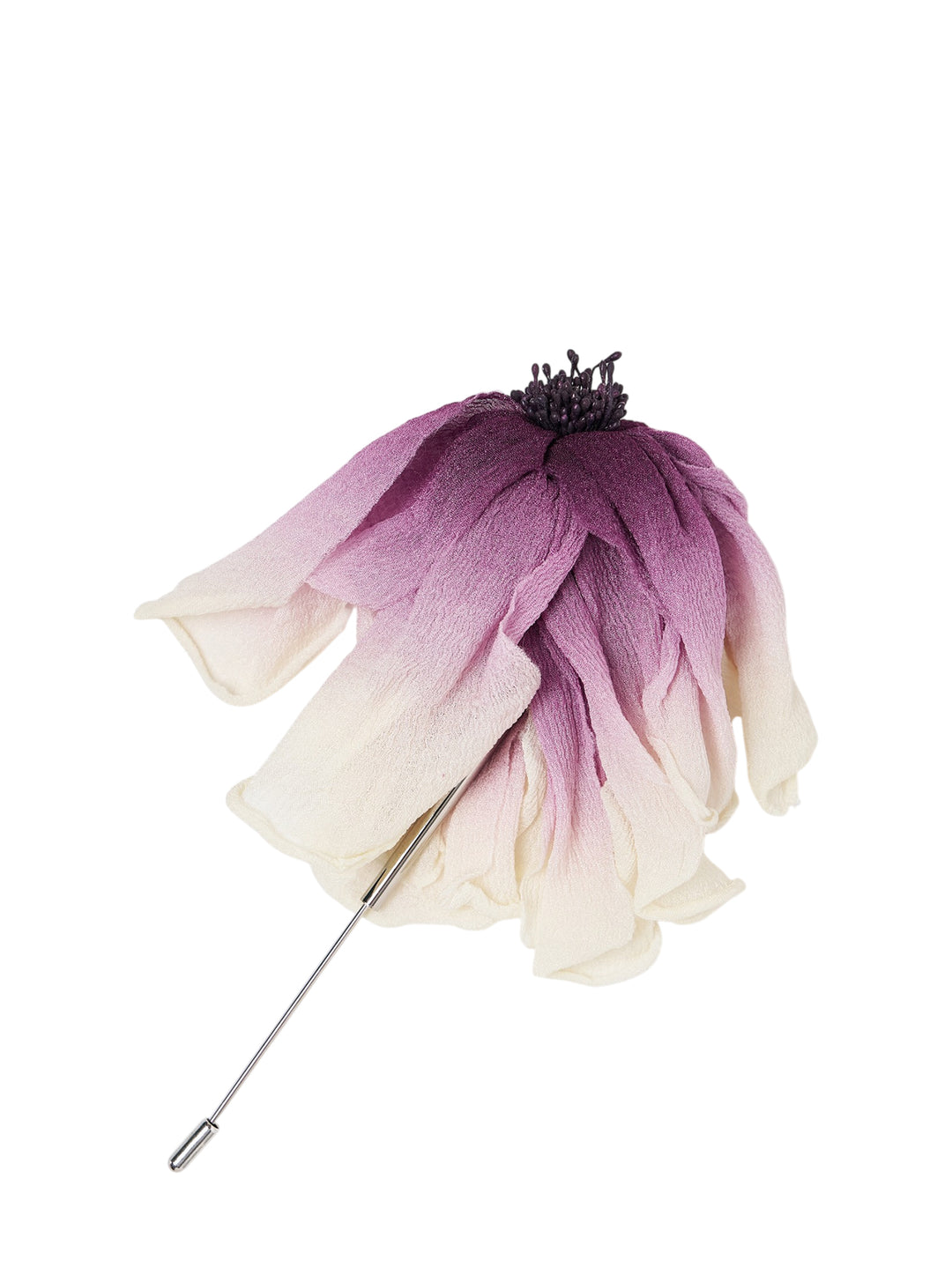 N°21 fabric flower brooch with ivory-to-purple ombré petals and a dark stamen centre, mounted on a polished metal stick pin - view 2
