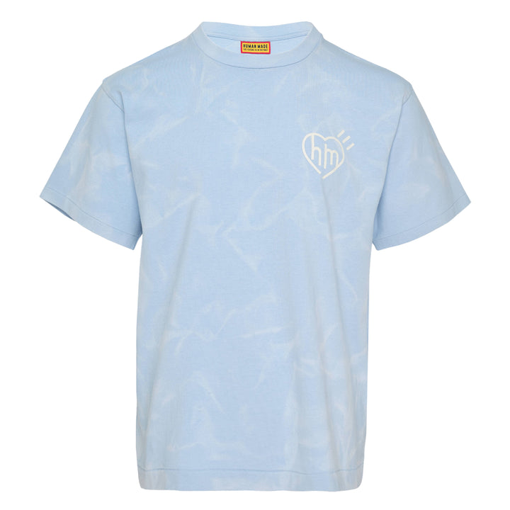 Human Made Garment Dye Short Sleeve Tee in light blue with tonal all-over wash effect and heart 'hm' logo graphic at the chest