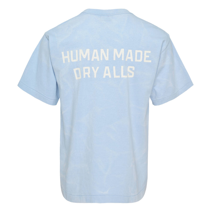 Human Made Garment Dye Short Sleeve Tee in light blue with tonal all-over wash effect and heart 'hm' logo graphic at the chest