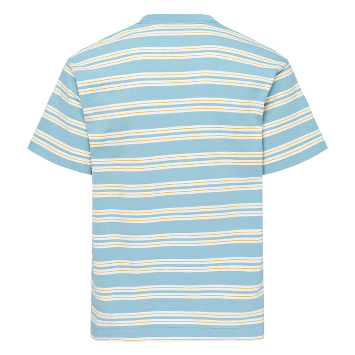 Human Made Striped Short Sleeve Tee in sky blue with horizontal multicolour stripes in cream, yellow, and blush, featuring an embroidered yellow heart logo patch at the chest