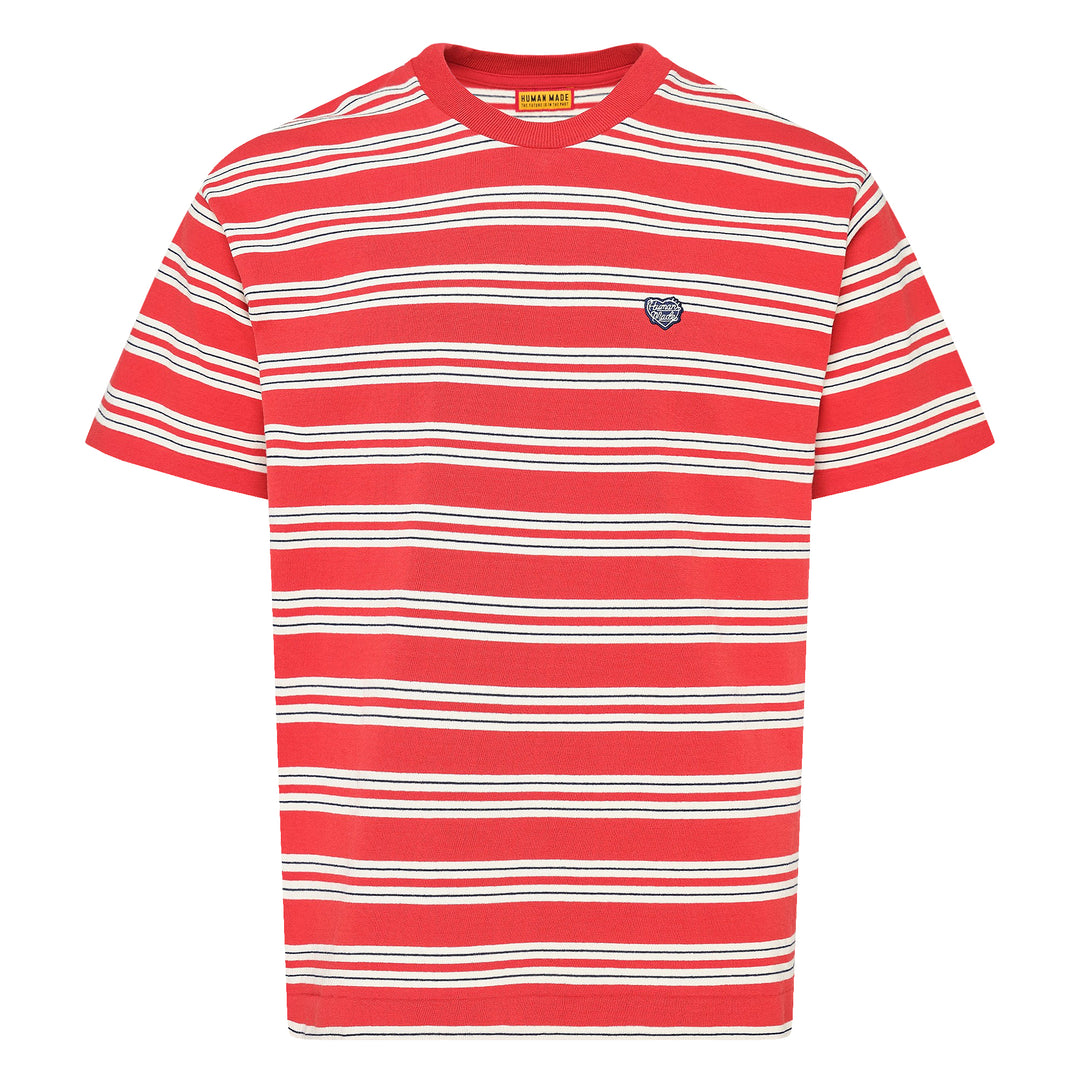 Human Made Striped Short Sleeve Tee in sky blue with horizontal multicolour stripes in cream, yellow, and blush, featuring an embroidered yellow heart logo patch at the chest