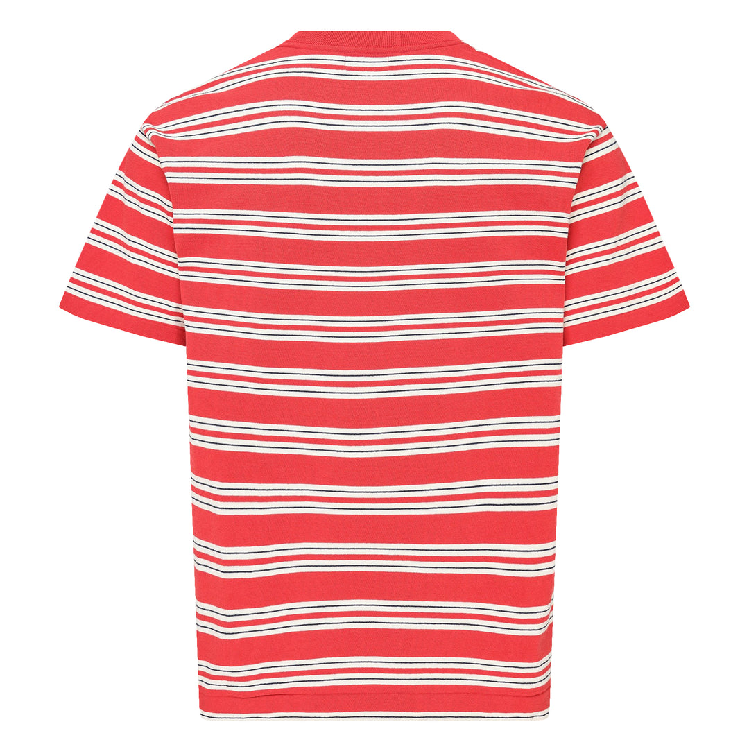 Human Made Striped Short Sleeve Tee in sky blue with horizontal multicolour stripes in cream, yellow, and blush, featuring an embroidered yellow heart logo patch at the chest