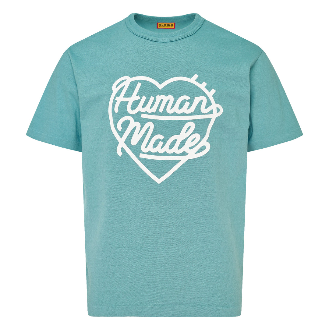 Human Made Color Heart Logo Tee in dusty blue, featuring a white cursive 'Human Made' heart graphic print at the chest, crew neck, and short sleeves