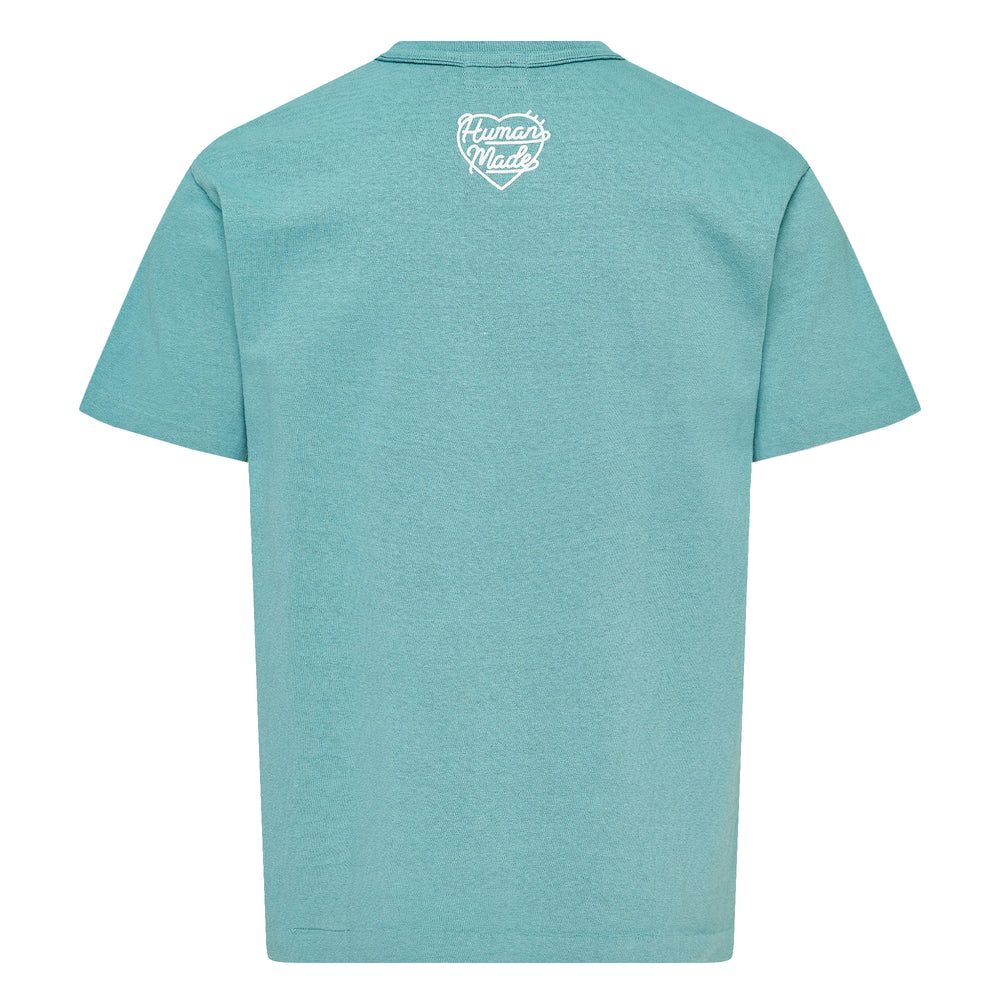 Human Made Color Heart Logo Tee in dusty blue, featuring a white cursive 'Human Made' heart graphic print at the chest, crew neck, and short sleeves